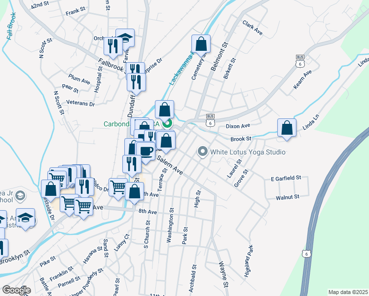 map of restaurants, bars, coffee shops, grocery stores, and more near 23 Wyoming Avenue in Carbondale