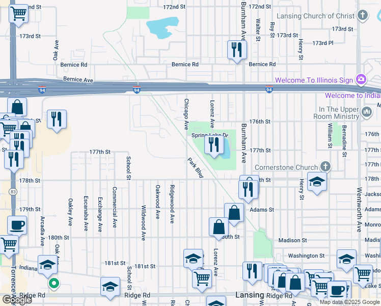 map of restaurants, bars, coffee shops, grocery stores, and more near 17730 Chicago Avenue in Lansing