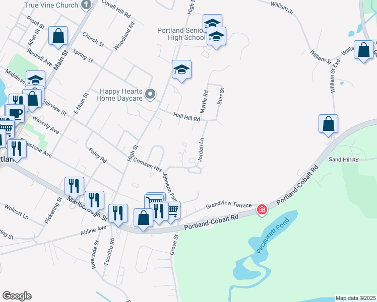 map of restaurants, bars, coffee shops, grocery stores, and more near 15 Jordan Lane in Portland