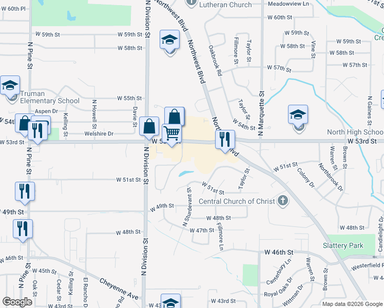map of restaurants, bars, coffee shops, grocery stores, and more near 1575 West 53rd Street in Davenport