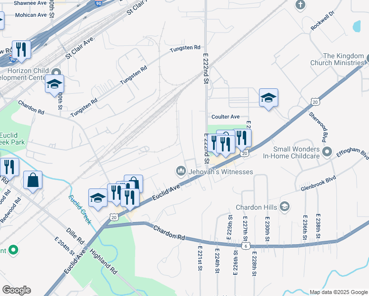 map of restaurants, bars, coffee shops, grocery stores, and more near 1491 East 219th Street in Euclid