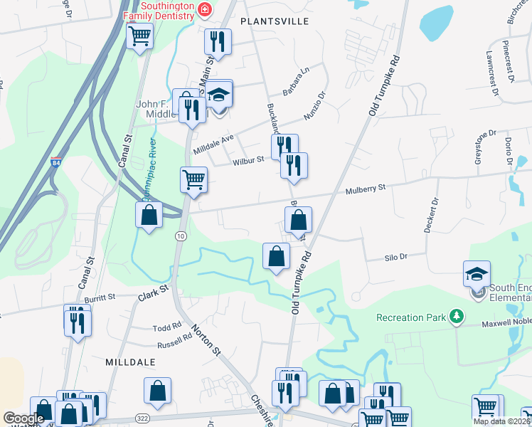 map of restaurants, bars, coffee shops, grocery stores, and more near 134 Mulberry Street in Southington