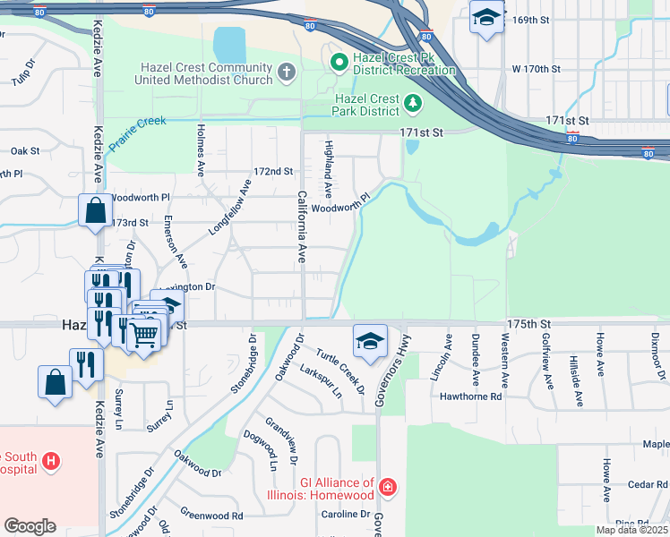 map of restaurants, bars, coffee shops, grocery stores, and more near 17342 Jeffrey Lane in Hazel Crest