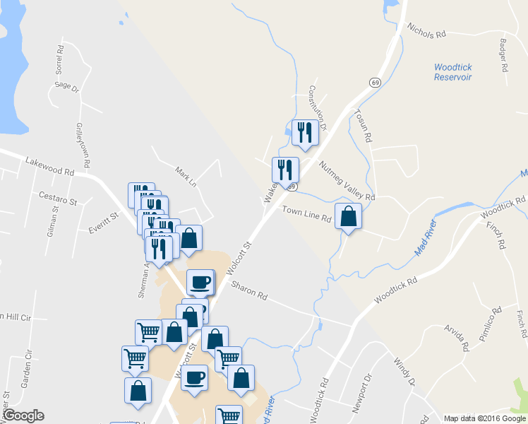 map of restaurants, bars, coffee shops, grocery stores, and more near 106 Wakelee Road in Waterbury
