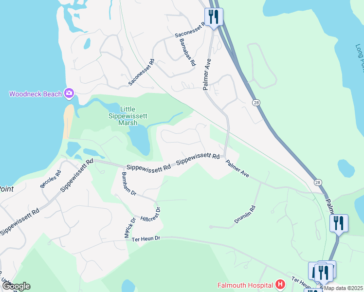 map of restaurants, bars, coffee shops, grocery stores, and more near 11 Loop Road in Falmouth