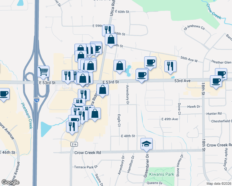 map of restaurants, bars, coffee shops, grocery stores, and more near 5135-5141 Coventry Court in Davenport