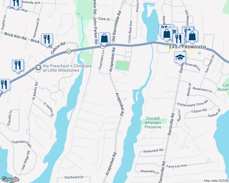 map of restaurants, bars, coffee shops, grocery stores, and more near 91 Acapesket Road in Falmouth