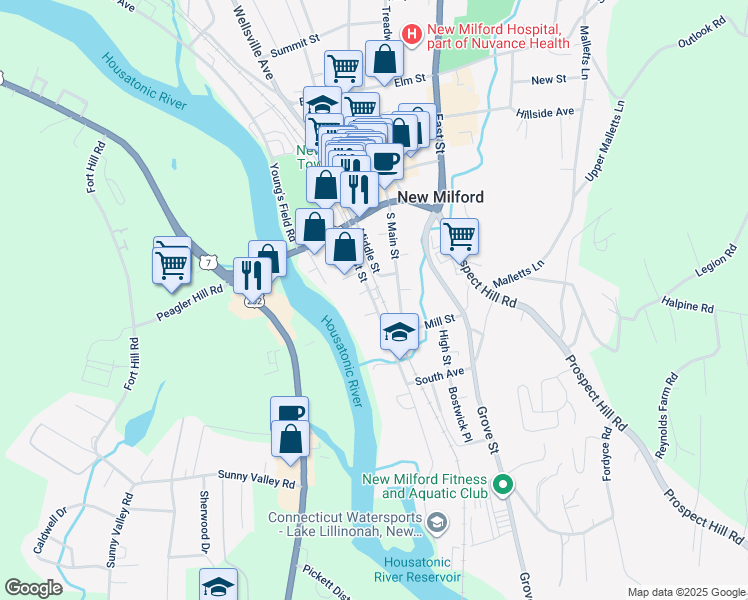 map of restaurants, bars, coffee shops, grocery stores, and more near 15-65 West Street in New Milford