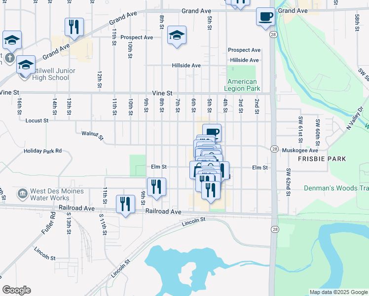 map of restaurants, bars, coffee shops, grocery stores, and more near 612 Walnut Street in West Des Moines