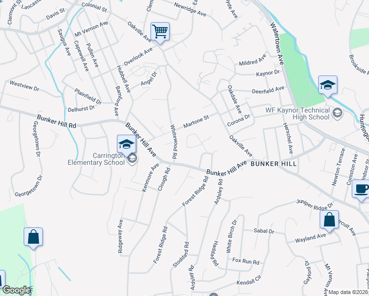 map of restaurants, bars, coffee shops, grocery stores, and more near 47 Sunnybrook Bend in Waterbury