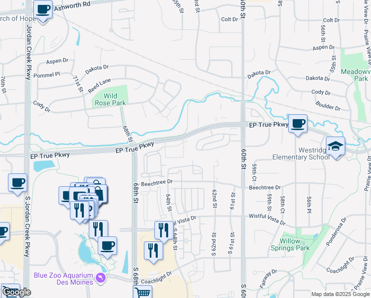 map of restaurants, bars, coffee shops, grocery stores, and more near 6370 EP True Parkway in West Des Moines