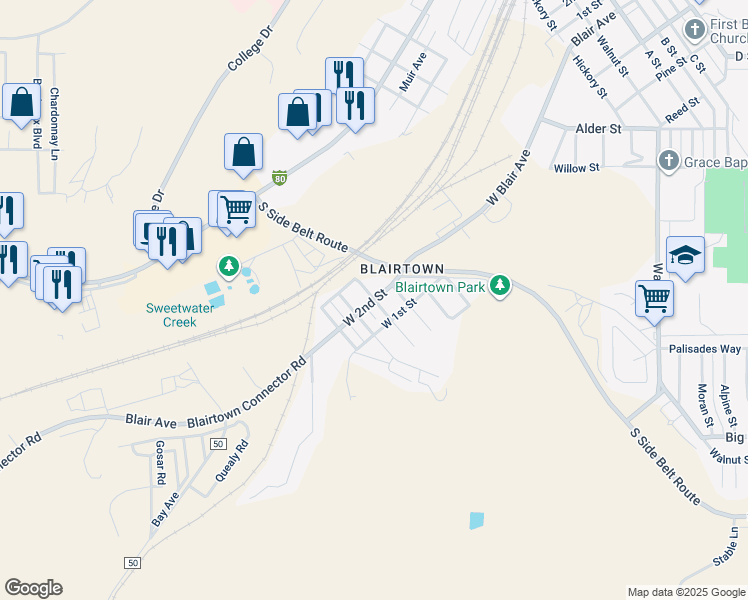 map of restaurants, bars, coffee shops, grocery stores, and more near West 2nd Street in Rock Springs