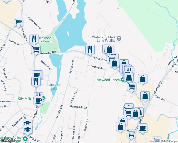 map of restaurants, bars, coffee shops, grocery stores, and more near 71 Cushman Street in Waterbury