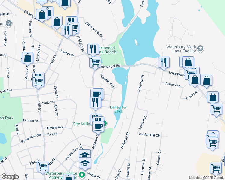 map of restaurants, bars, coffee shops, grocery stores, and more near 163 Hamden Avenue in Waterbury