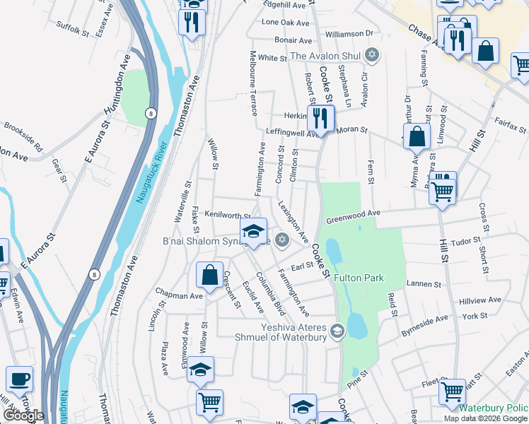 map of restaurants, bars, coffee shops, grocery stores, and more near 326 Farmington Avenue in Waterbury
