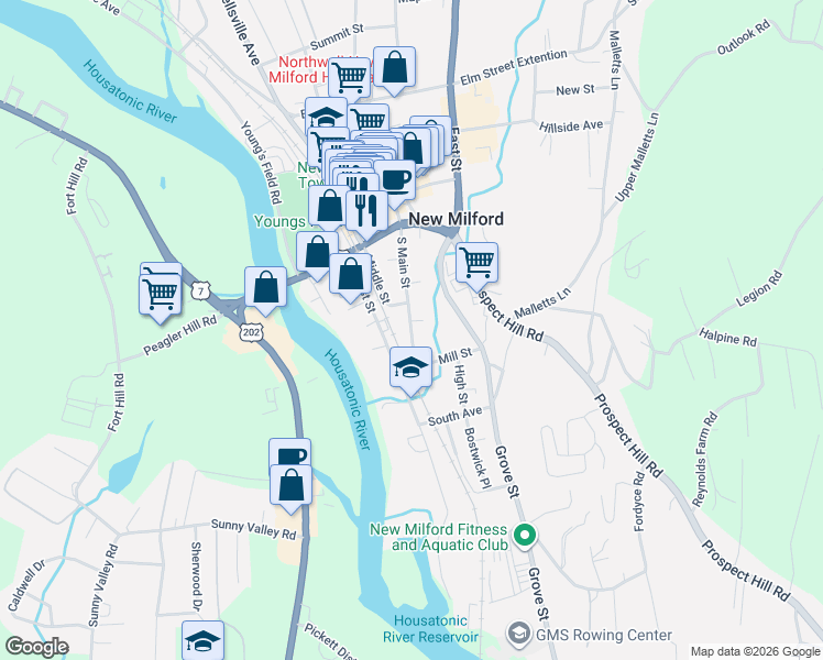 map of restaurants, bars, coffee shops, grocery stores, and more near 37 South Main Street in New Milford
