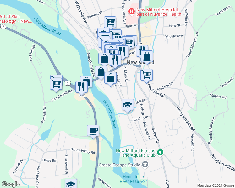 map of restaurants, bars, coffee shops, grocery stores, and more near 45 West Street in New Milford