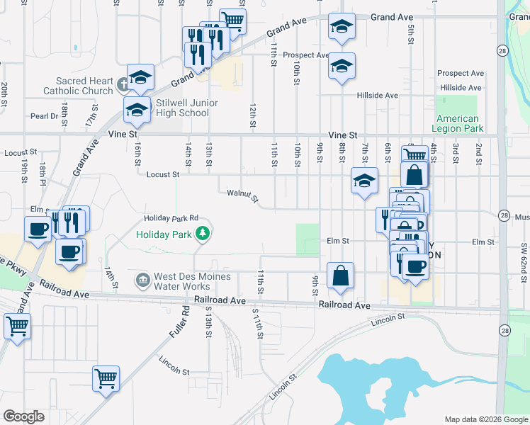 map of restaurants, bars, coffee shops, grocery stores, and more near 1108 Walnut Street in Des Moines