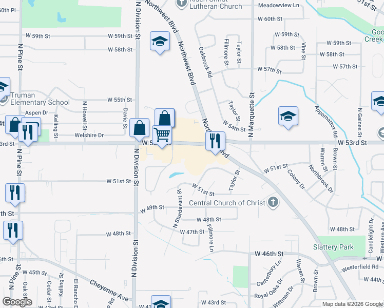 map of restaurants, bars, coffee shops, grocery stores, and more near 1545 West 53rd Street in Davenport