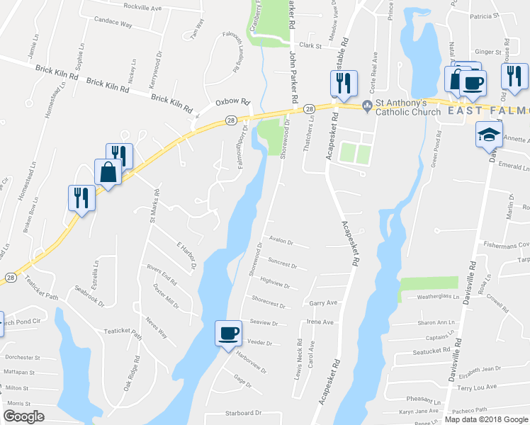map of restaurants, bars, coffee shops, grocery stores, and more near 87 Shorewood Drive in Falmouth