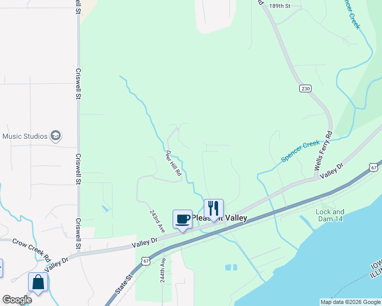 map of restaurants, bars, coffee shops, grocery stores, and more near 18370 Deer Hill Road in Bettendorf