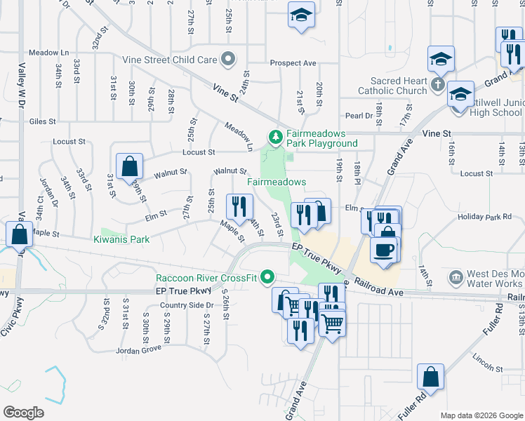 map of restaurants, bars, coffee shops, grocery stores, and more near 241 23rd Street in West Des Moines