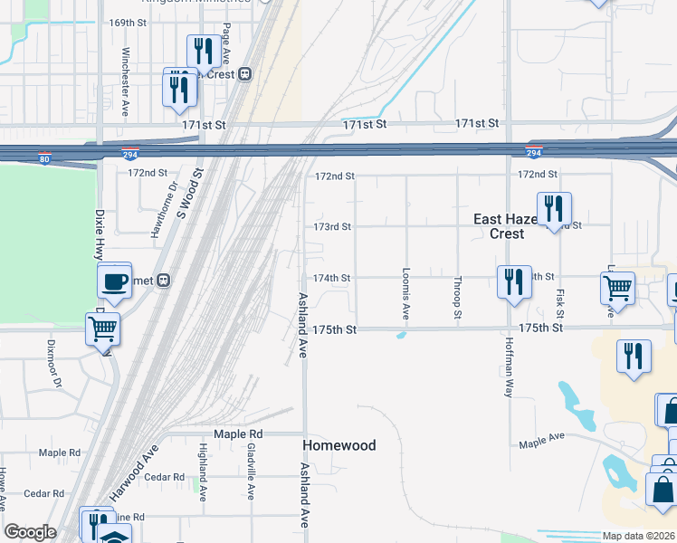 map of restaurants, bars, coffee shops, grocery stores, and more near 1508 174th Street in Hazel Crest