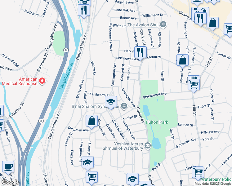 map of restaurants, bars, coffee shops, grocery stores, and more near 322 Farmington Avenue in Waterbury