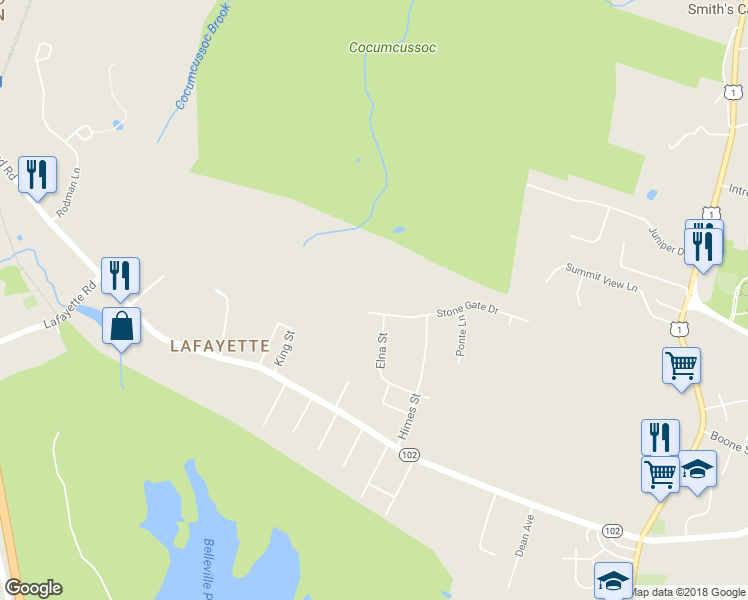 map of restaurants, bars, coffee shops, grocery stores, and more near 2 Stone Gate Drive in North Kingstown