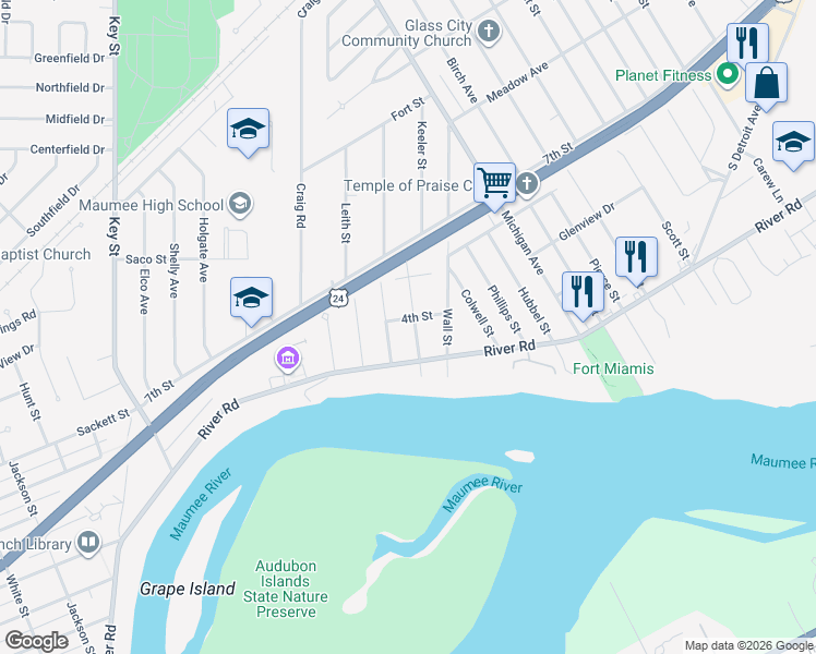 map of restaurants, bars, coffee shops, grocery stores, and more near 723 Ransom Street in Maumee