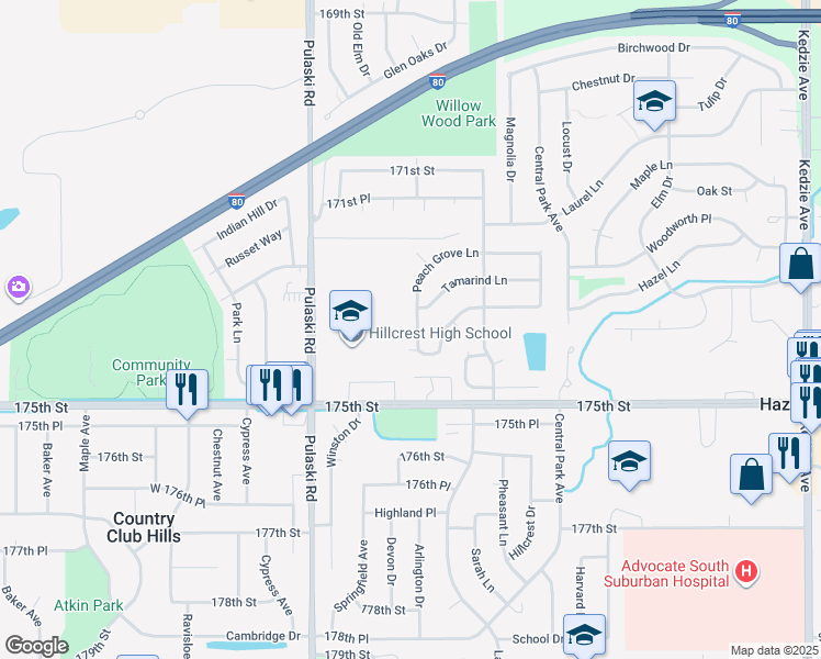 map of restaurants, bars, coffee shops, grocery stores, and more near 17305 Peach Grove Lane in Hazel Crest