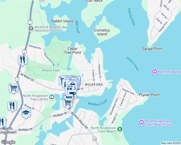 map of restaurants, bars, coffee shops, grocery stores, and more near 66 Fowler Street in North Kingstown