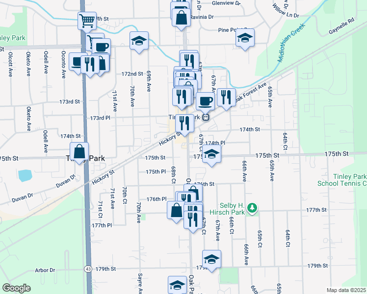 map of restaurants, bars, coffee shops, grocery stores, and more near 17432 Oak Park Avenue in Tinley Park