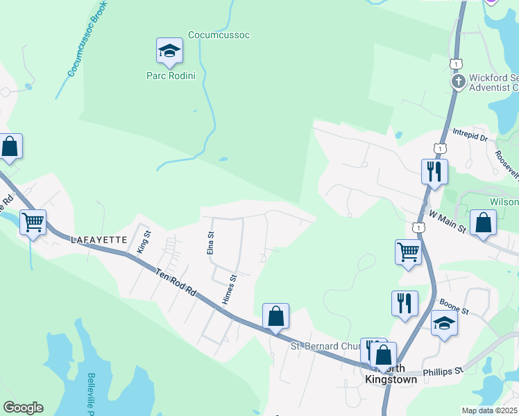 map of restaurants, bars, coffee shops, grocery stores, and more near 74 Stone Gate Drive in North Kingstown