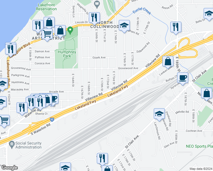 map of restaurants, bars, coffee shops, grocery stores, and more near 1242 East 172nd Street in Cleveland