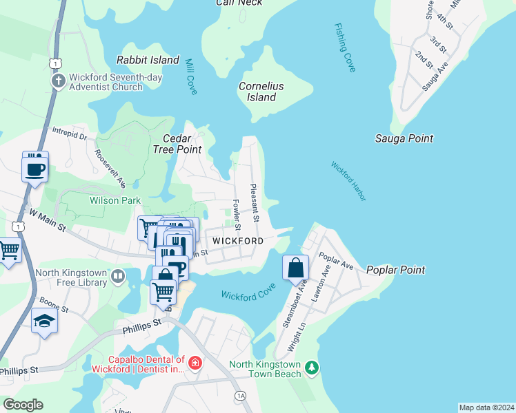 map of restaurants, bars, coffee shops, grocery stores, and more near 55 Pleasant St in North Kingstown