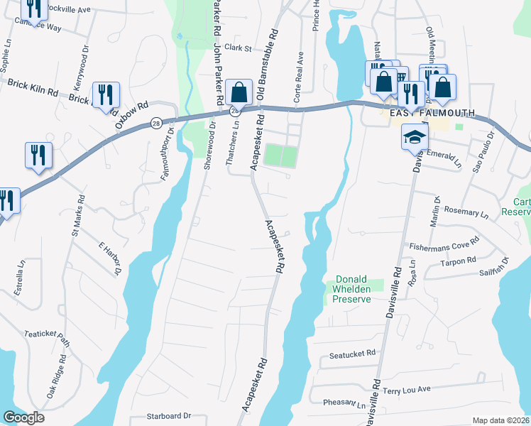 map of restaurants, bars, coffee shops, grocery stores, and more near 91 Acapesket Road in Falmouth