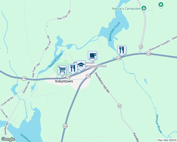 map of restaurants, bars, coffee shops, grocery stores, and more near 239 Main Street in Voluntown