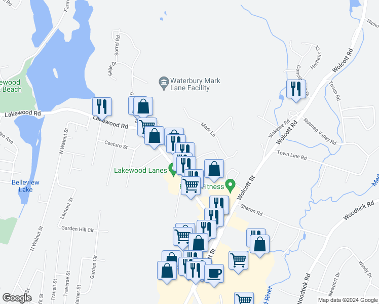 map of restaurants, bars, coffee shops, grocery stores, and more near 48 Craftwood Road in Waterbury