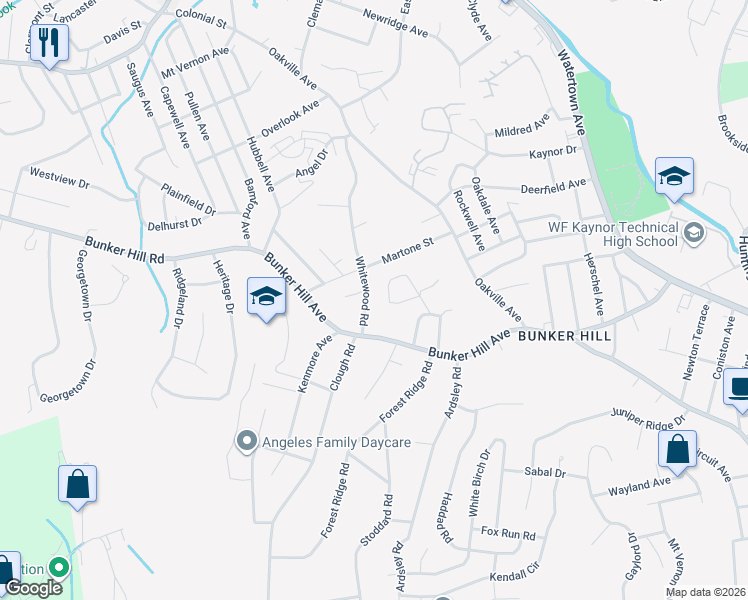 map of restaurants, bars, coffee shops, grocery stores, and more near 47 Sunnybrook Bend in Waterbury