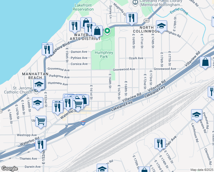 map of restaurants, bars, coffee shops, grocery stores, and more near 16402 Huntmere Avenue in Cleveland