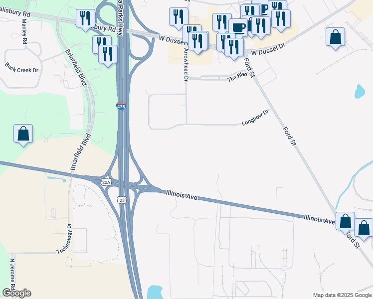 map of restaurants, bars, coffee shops, grocery stores, and more near 1096 Longbow Drive in Maumee