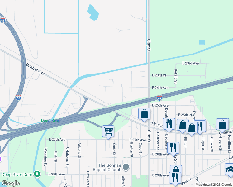 map of restaurants, bars, coffee shops, grocery stores, and more near 2409 State Street in Gary