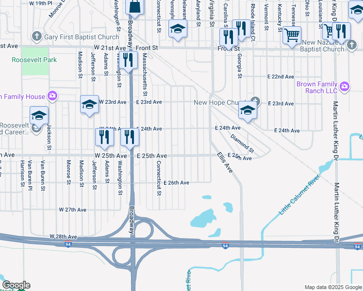 map of restaurants, bars, coffee shops, grocery stores, and more near 2451 Pennsylvania St in Gary