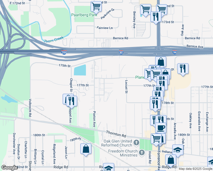 map of restaurants, bars, coffee shops, grocery stores, and more near 21080 177th Street in Lansing