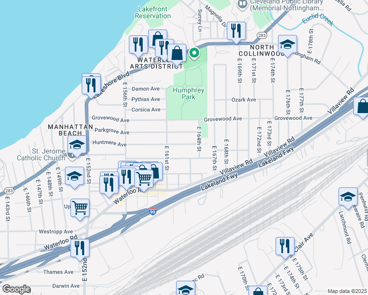 map of restaurants, bars, coffee shops, grocery stores, and more near 16210 Huntmere Avenue in Cleveland