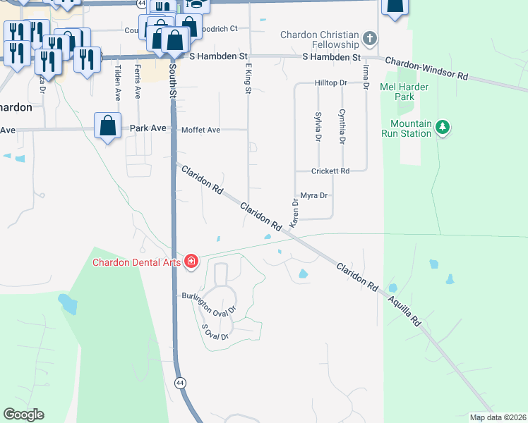 map of restaurants, bars, coffee shops, grocery stores, and more near 209 Claridon Road in Chardon