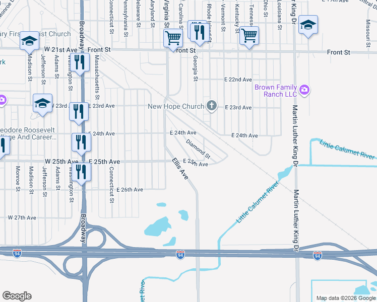map of restaurants, bars, coffee shops, grocery stores, and more near 2456 Prospect St in Gary