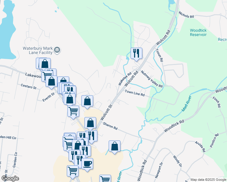 map of restaurants, bars, coffee shops, grocery stores, and more near 88-94 Wakelee Road in Waterbury