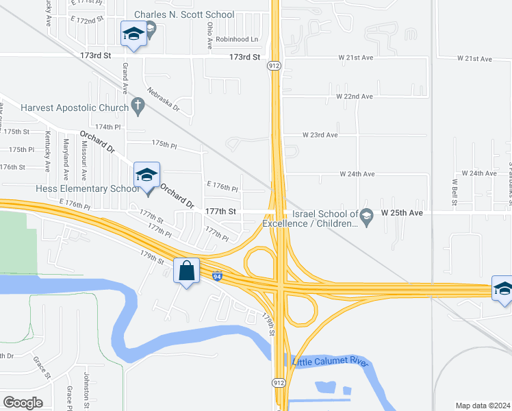 map of restaurants, bars, coffee shops, grocery stores, and more near 3921 177th Street in Hammond